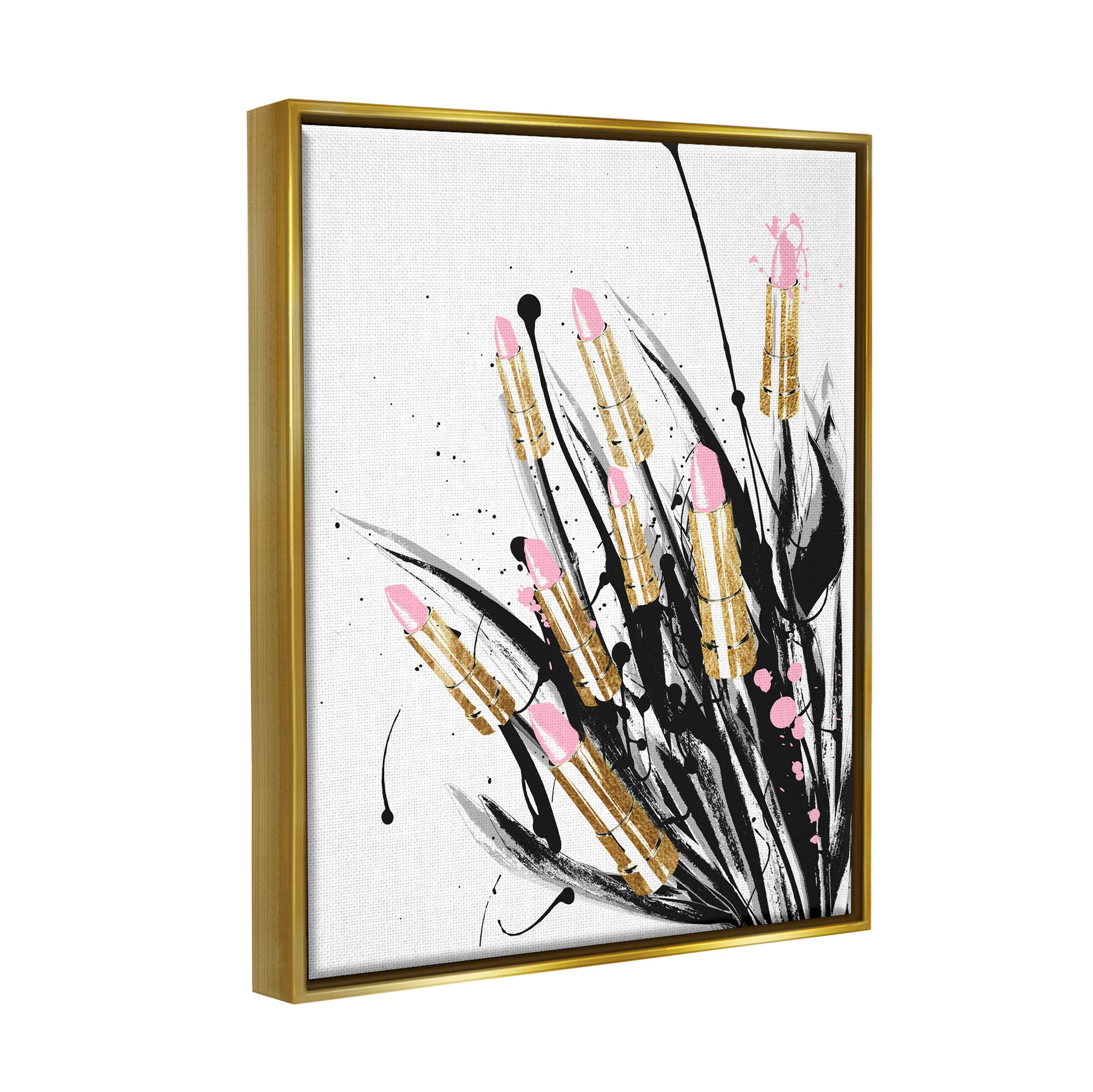 Stupell Industries Contemporary Lipstick Glam Makeup Graphic Art Metallic Gold Floating Framed Canvas Print Wall Art, Design by Lil' Rue