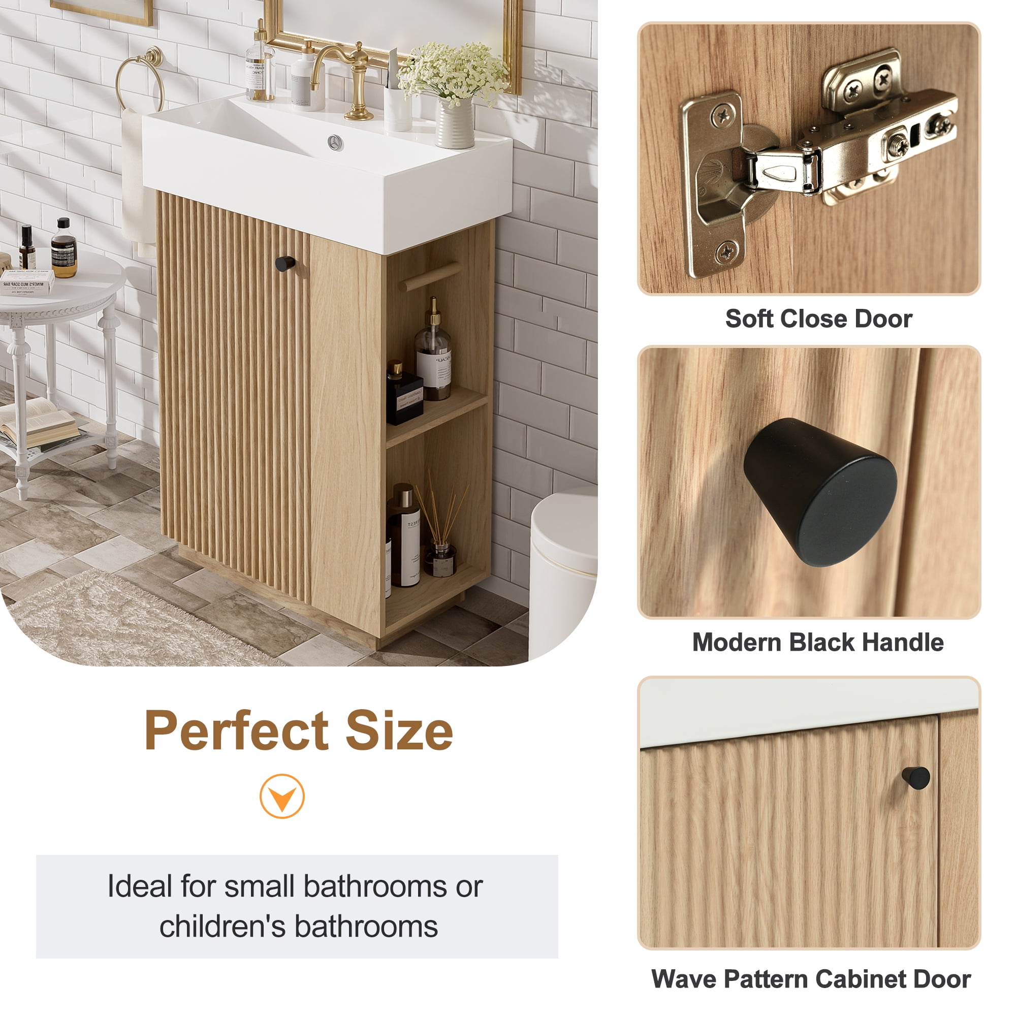 Euroco 21.6" bathroom vanity with ceramic sink, freestanding modern left door wood grain cabinet with open and closed storage for small bathrooms