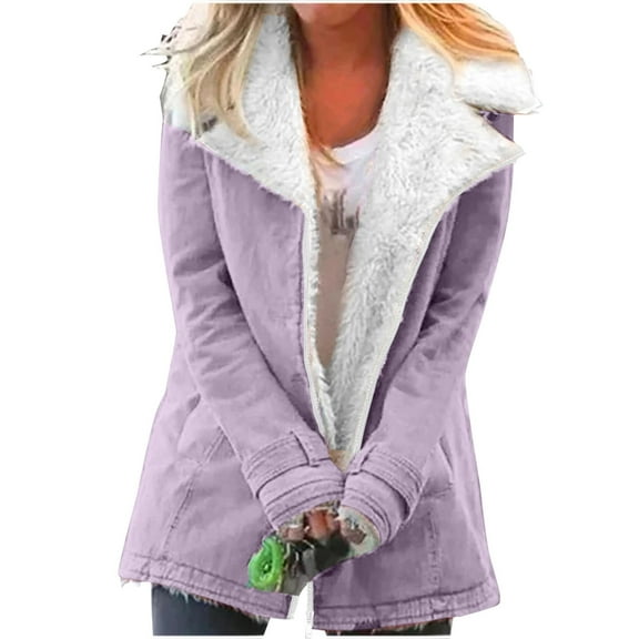 Winter Jackets for Women Vintage Casual Warm Notched Sherpa Fleece Lined Coat Long Sleeve Zip Outerwear Cardigan (XL, Purple)