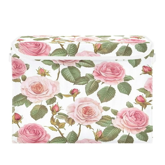 WOBOGO Light Pink Rose Large Collapsible Storage Box Flip Lid Fabric Decorative Organizer Container Basket with Handles 16.5×12.6×11.8in