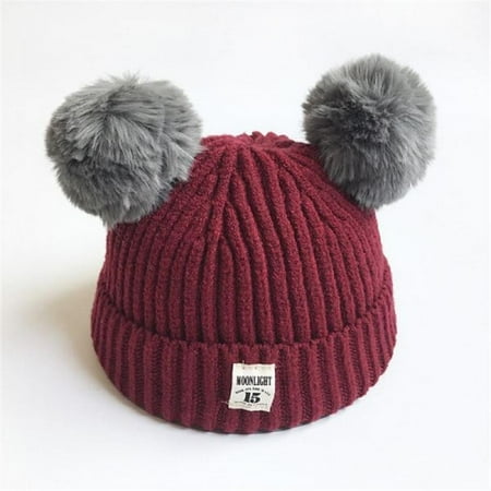 

Greyghost Baby Hat Autumn Baby Girls Boys Cap Cute Ear Cotton Ball Kids Knitted Beanies Hat Wine Red
