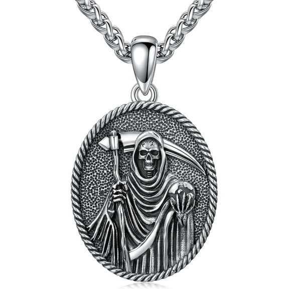 AOBOCO Santa Muerte Necklace 925 Sterling Silver Grim Reaper Pendant Necklace Jewelry Gifts for Men Women