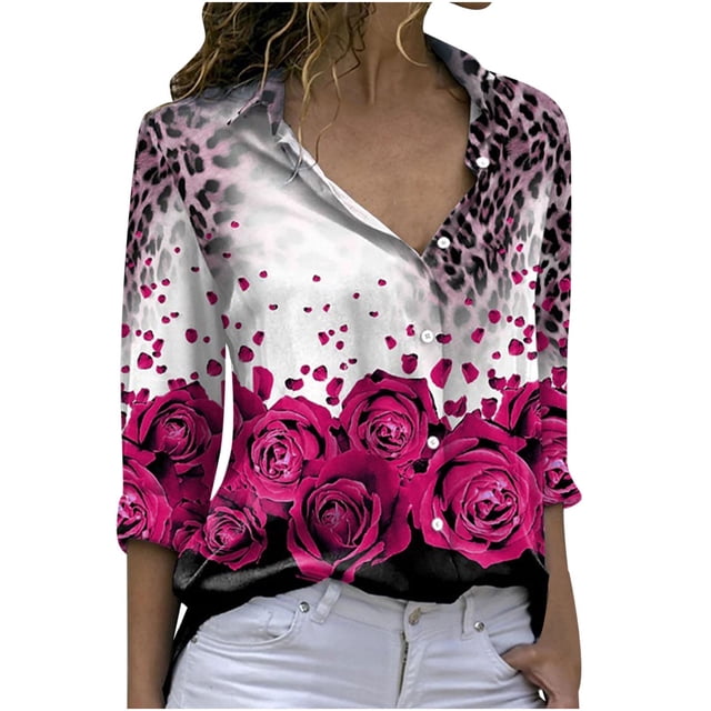 Camisa de manga larga estampada con cuello vuelto informal con botones para mujer a la moda Fridja czfsfas4207