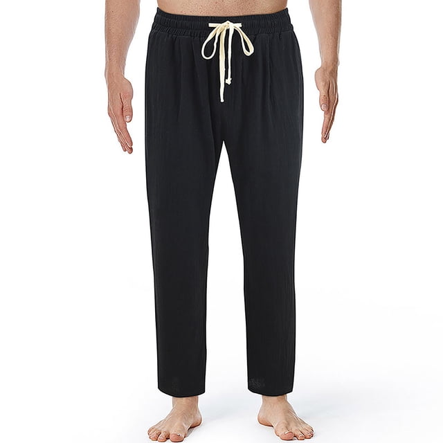 AherBiu Mens Linen Pants Drawstring Elastic Waisted Straight Leg Trousers Causal Loose Summer Fall Beach Pants
