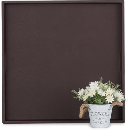 Large Serving Tray: Faux Leather Coffee Table Trays with Handles 22 Inch Square Extra Big Oversized Aesthetic Modern Brown Topper for Living Room Parties Home