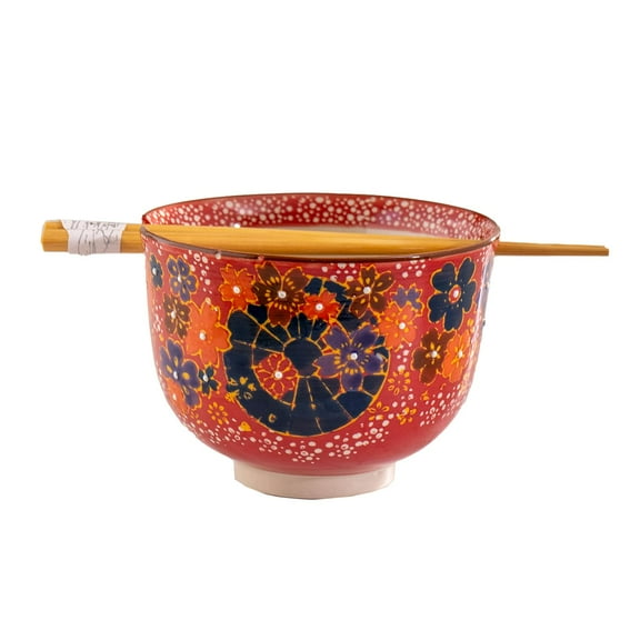 Urban Tokyo Handpainted Ceramic Glazed Japanese Ramen Udon Noodle Rice Bowl With Chopsticks 20 fl oz 5 inch Diameter Bowl Sets Color Box Packaging (Red Sakura Cherry Blossoms)