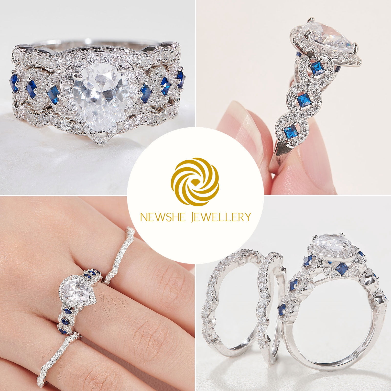 Newshe Jewellery Engagement Wedding Ring Set Rings For Women 925 Sterling Silver 3pcs 2.5ct Pear White Cz Blue Size 75