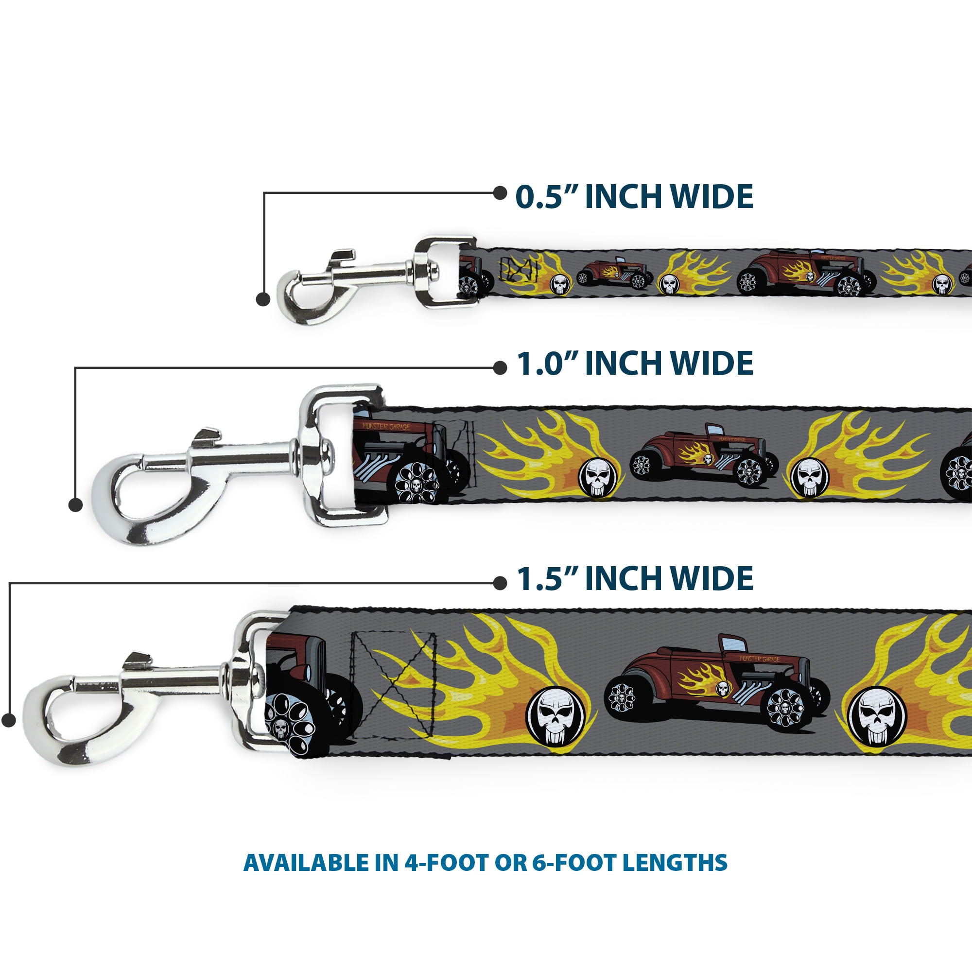 Buckle-Down Pet Leash, Dog Leash, Hot Rod Flame Skull, 6 Feet Long 1.0 Inch Wide