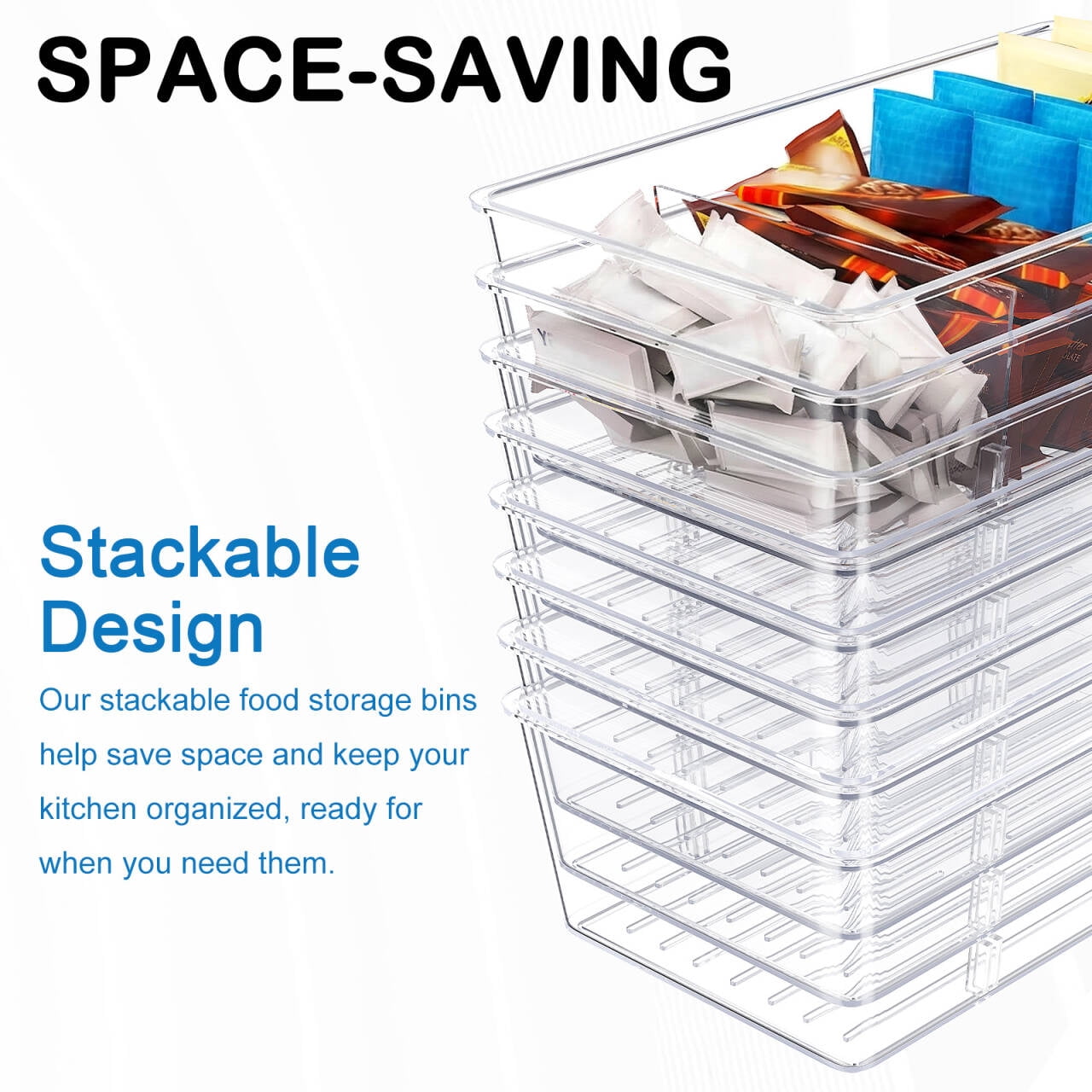 Homtell 4 Pack Clear Plastic 4-Compartment Food Storage Bins, Pantry Organizer for Snacks, Fruits, Vegetables, Tea Bags and Spice Packets