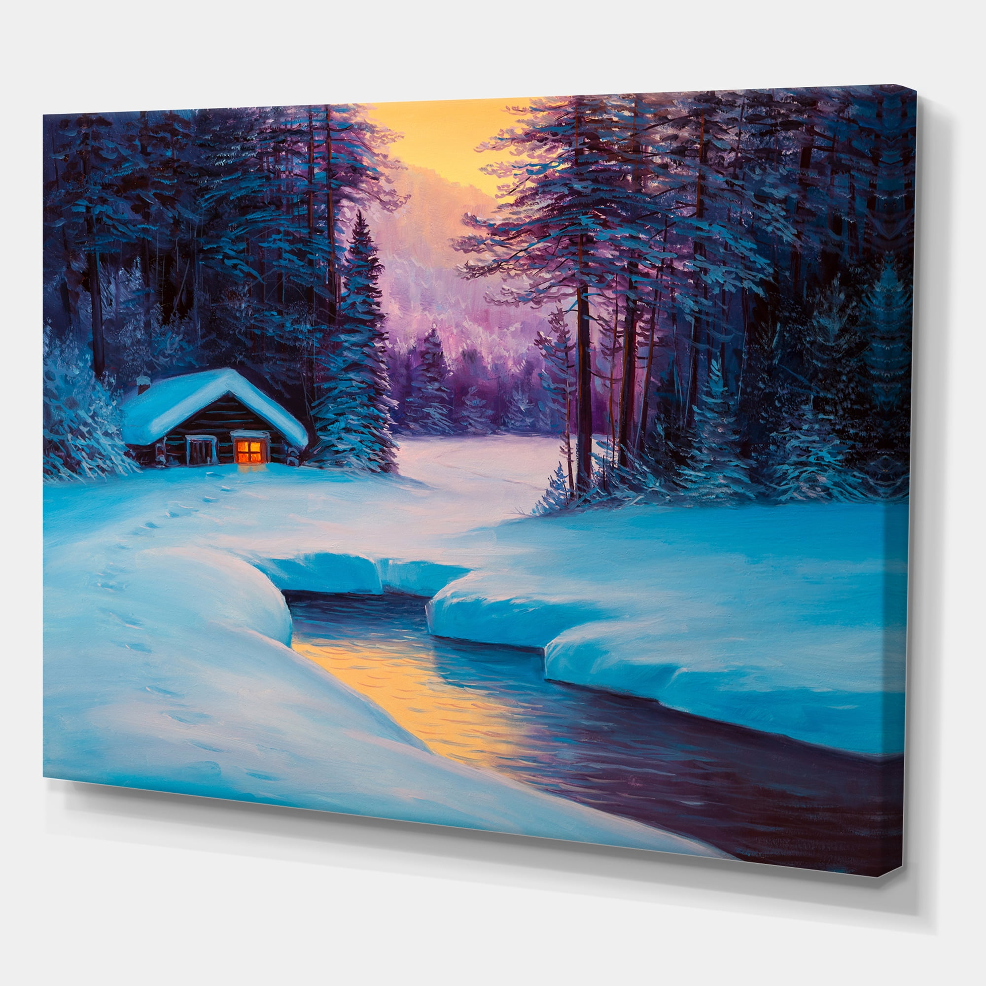 Old Cabin In Winter Forest In Evening Glow II 40 in x 30 in Painting Canvas Art Print, by Designart