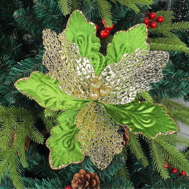 Decoración navideña con lentejuelas y flores | Arreglo floral de nailon artesanal con encaje, cascabeles y bordes dorados | Elegante adorno para árbol de Navidad para decoración navideña