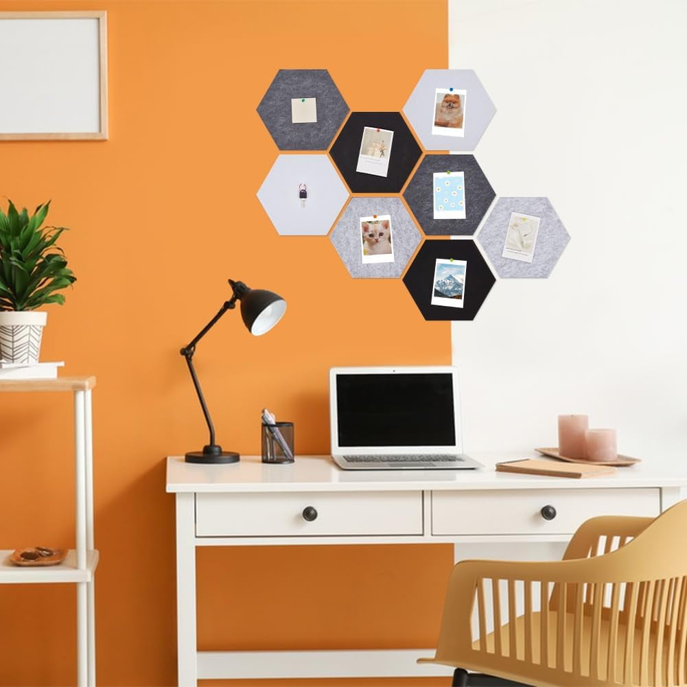 8 Pcs 4 Colors Hexagon Felt Pin Board Notice Boards with 80 Thumbtacks 10.2x11.7inch Self Adhesive Felt Pin Board DIY Bulletin Board Sound Absorbing Felt Board for Office diy