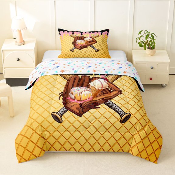 Erosebridal Black & Pink Dripping Waffle Baseball Ice Cream & Glove Graphic Twin Comforter Sets 3-Piece, Sport Graphic Bedding Set for Boys And Girls Kids,Lightweight Room Decor