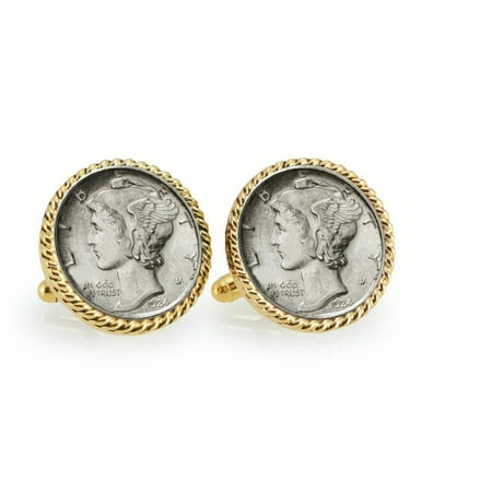 American Coin Treasures Silver Mercury Dime Goldtone Rope Cuff Links