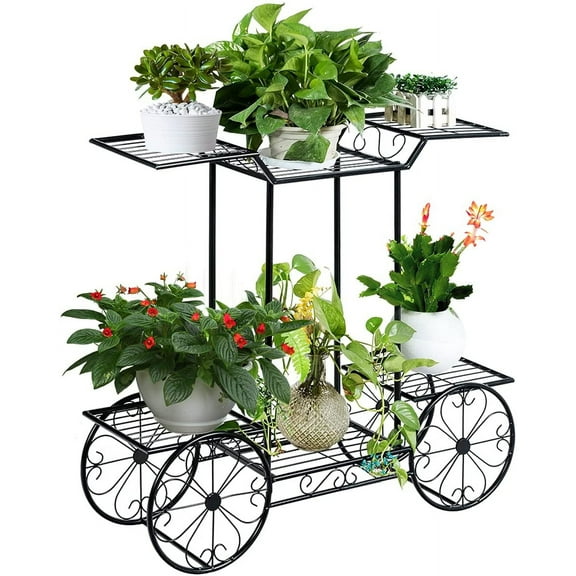 QISHENSHUI 6-Tier Plant Stand Flower Pot Holder Metal Flower Display Shelf with 4 Decorative Wheels Multilayer Parisian Style Plant Pot Holder Rack for Indoor, Garden, Patio, 32"L x 10"Wx 30"H, Black