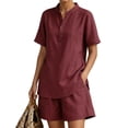 thumbnail image 2 of Arlun Womens Linen 2 Piece Sets Neck Button up Short Sleeve Shirts and Wide Leg Shorts Set Summer Relaxed Fit Casual Two Piece Outfits Solid Color Matching Set Daily Wear Red XL, 2 of 5