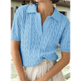thumbnail image 5 of Women'S Cable Short Sleeve Sweaters Tops Solid Lapel V Neck Knit Casual Soft Pullover Shirt Light Blue M, 5 of 6