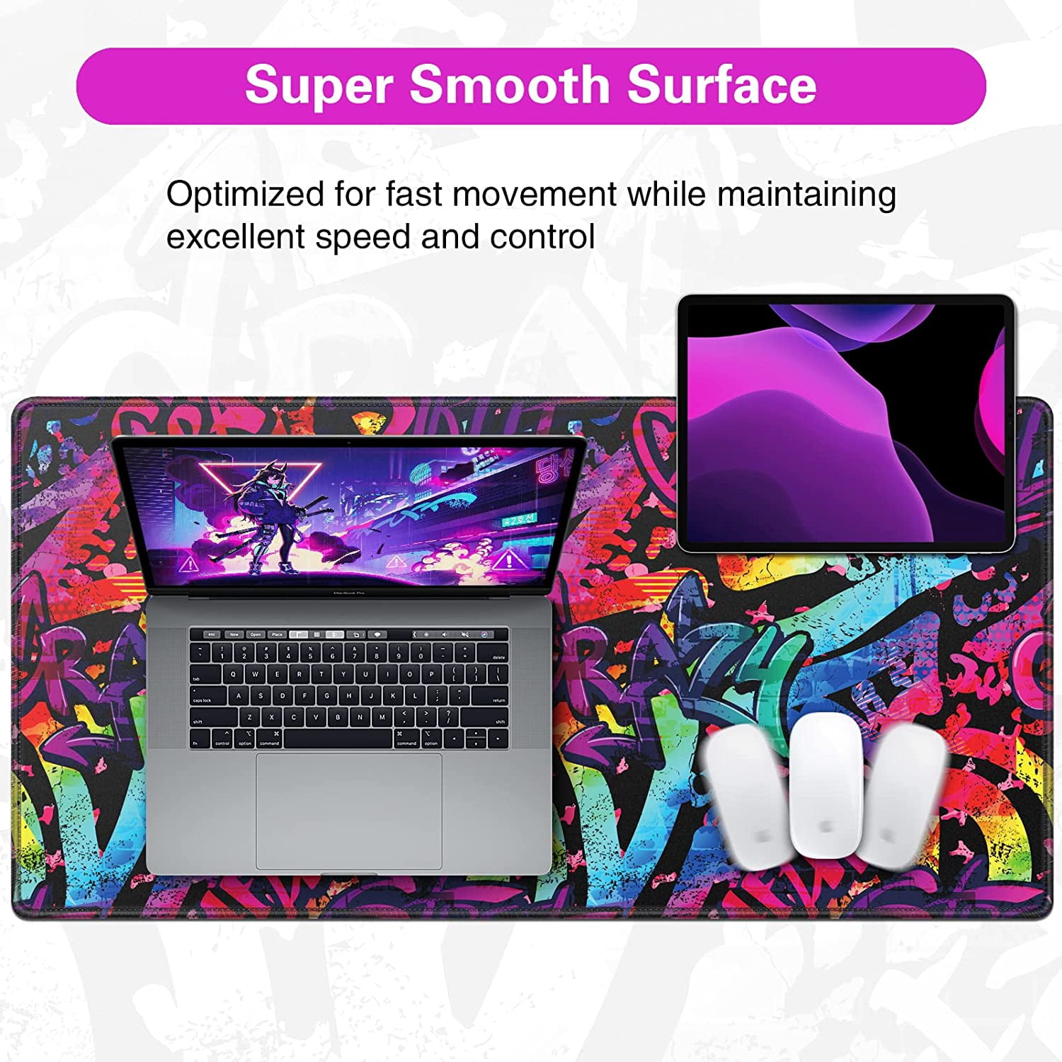 Gaming Mouse Pad, Extended Mouse Pad 31.5x15.7inch XXL Large Big Computer Keyboard Mouse Mat Desk Pad with Non-Slip Base and Stitched Edge for Home Office Gaming Work (Colorful Graffiti)