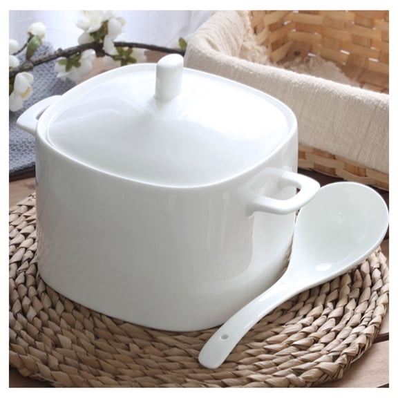 Ceramic soup tureen with lid, soup bowl with handle, ceramic serving bowl for restaurant, home kitchen, microwave and dishwasher safe
