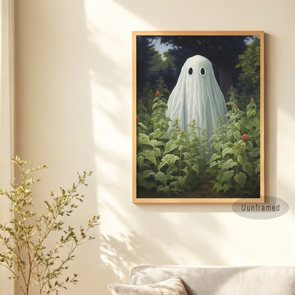 Cute Garden Ghost Canvas Print Vintage Halloween Botanical Wall Art for Farmhouse Living Room Decor Unframed