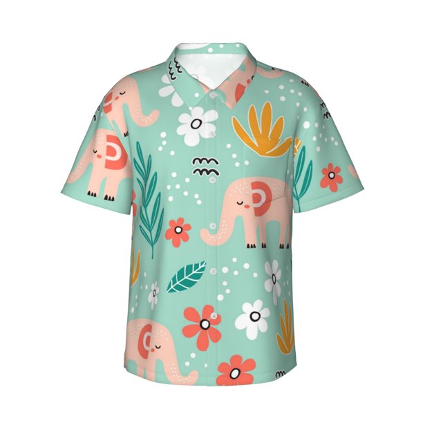 Fotbe Elephant and Flowers Camisa Hawaiana para Hombre Unisex – Camisa Casual de Verano con Botones de Manga Corta de Algodón y Lino,Small