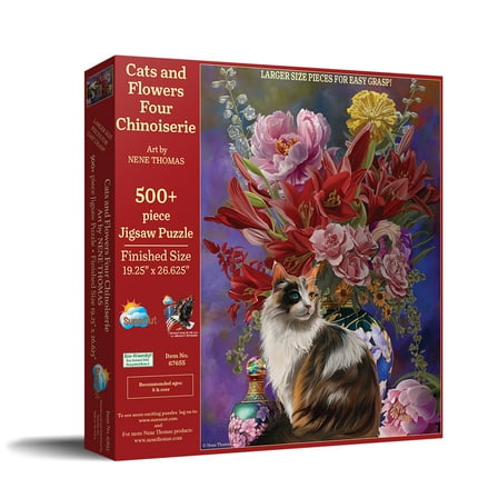 SUNSOUT INC - Cats and Flowers Four Chinoiserie - 500 pc Large Pieces Jigsaw Puzzle by Artist: Nene Thomas - Finished Size 19.25" x 26.625" - MPN# 67655