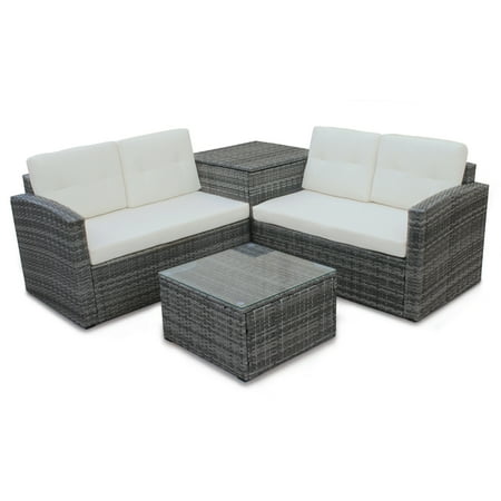 Portage Stone Patio Clearance!4 Piece Outdoor Patio Dining Set, 2 Rattan Wicker Chairs with Glass Table and Storage Cabinet, All-Weathe Rectangle Patio Sofa Furniture Set with Cushions for Backyard, Porch, Garden, Pool ()