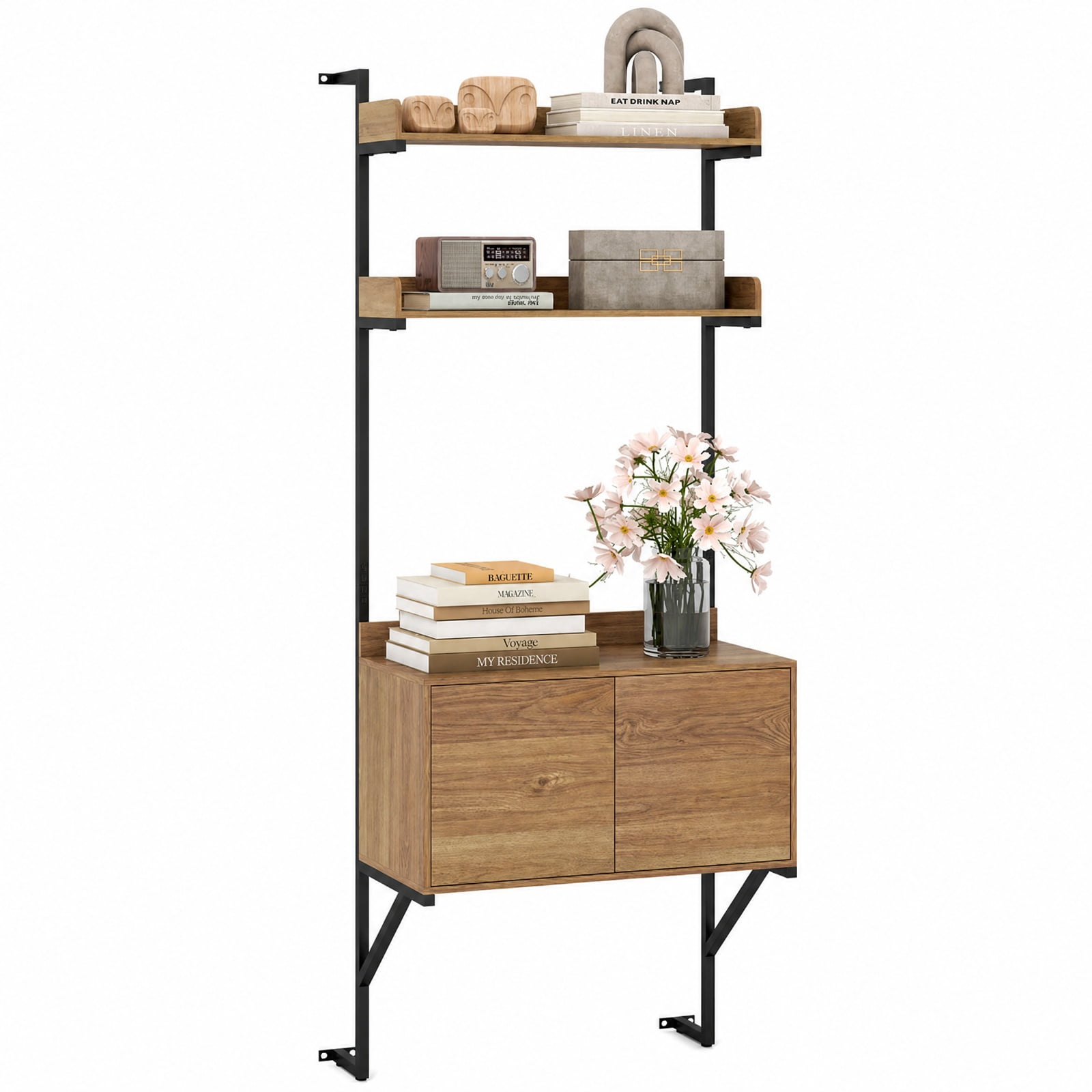 Furnibear Tall Ladder Shelf with Storage Cabinet Narrow Wall Mounted Ladder Bookcase for Living Room Home Office Bedroom Display Storage, Natural