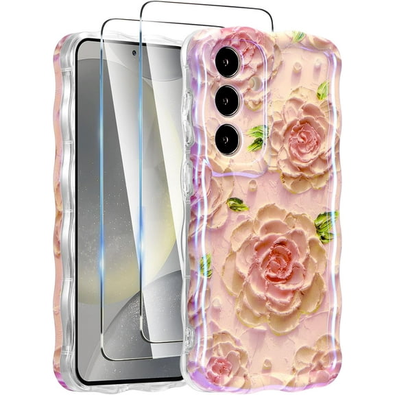 Case for Samsung Galaxy S24, Colorful Retro Oil Painting Flower Laser Phone Case with 2 Screen Protectors Cute Curly Wave Edge Phone Cover Durable TPU Protective Cover for Women - Pink Orange