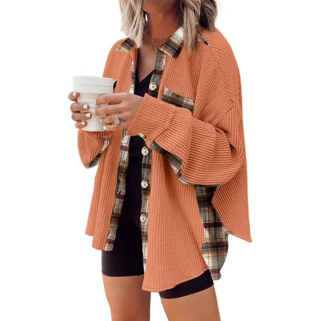 Womens Waffle Knit Plaid Shacket Boyfriend Button Down Shirt Jacket Loose Long Sleeve Tops