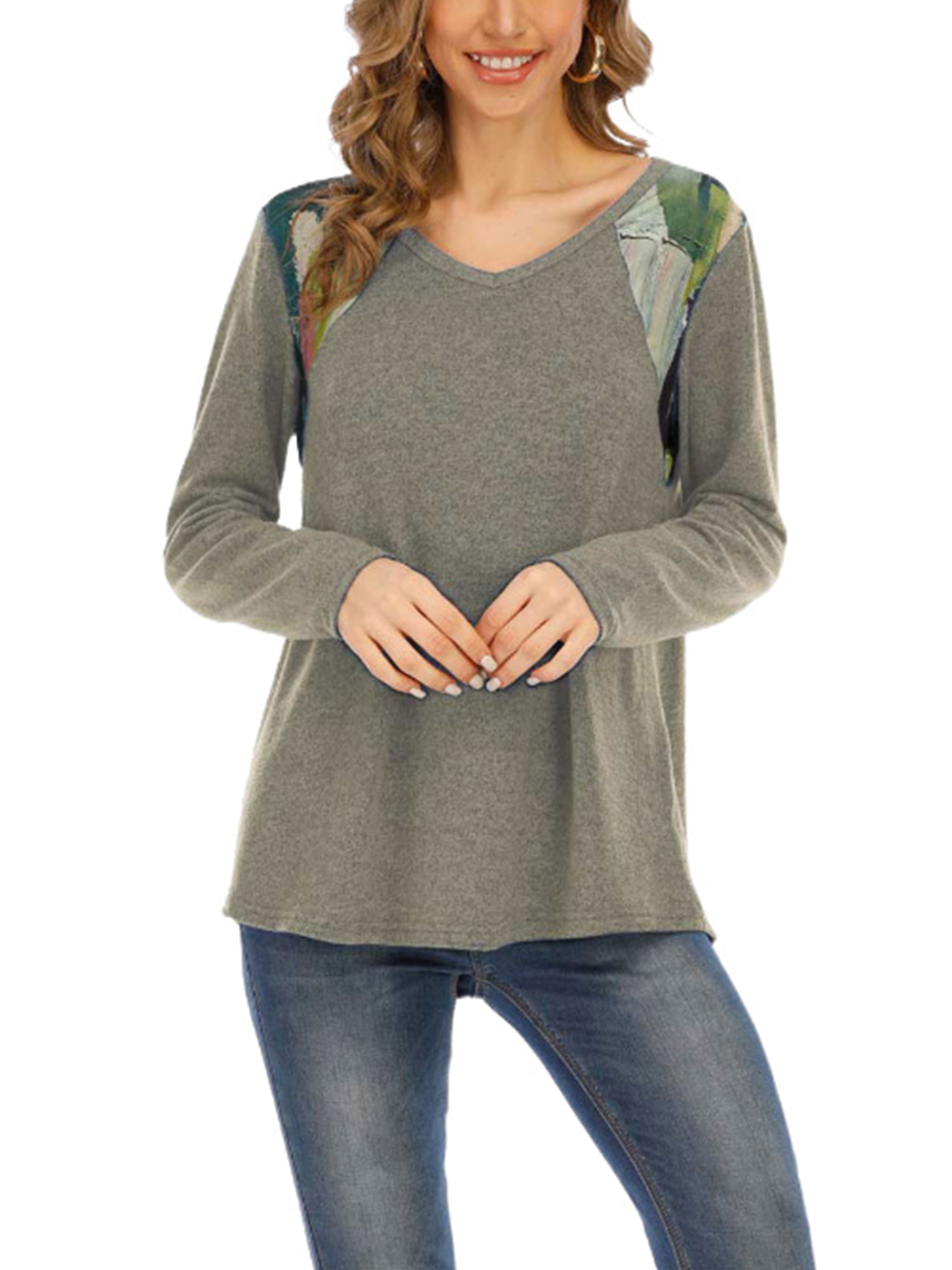 Mstyle Women Long Sleeve V Neck Stitching Loose Fit Casual T-Shirt Top Blouse