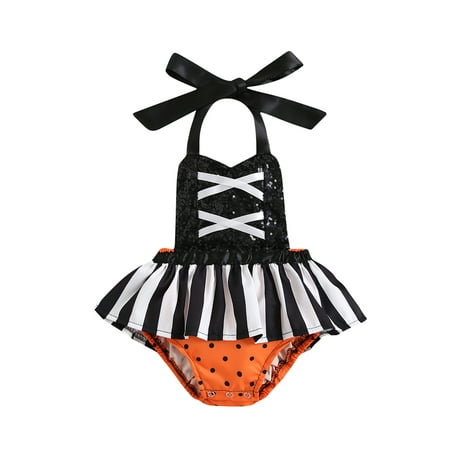 

BrilliantMe Toddlers Baby Girls Halloween Rompers Sequined Stripes Tied Halter Neck Sleeveless Jumpsuit Black 0-6 Months