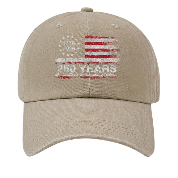 US 250th Anniversary Celebration Casual Hat American Flag 250 Anniversary USA Flag Adjustable Patriotic Cap for Men Women Beige