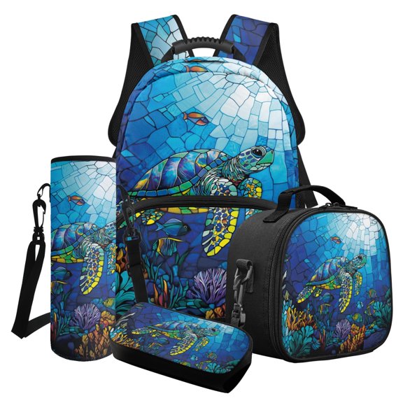 ZUXONGSY Stained Glass Turtle Coral Fish Print School Backpack for Teens Girls Boys, 4-in-1 Kids Backpack Bookbag Set School Bags with Lunch Box Pencil Case and Water Bottle Holder