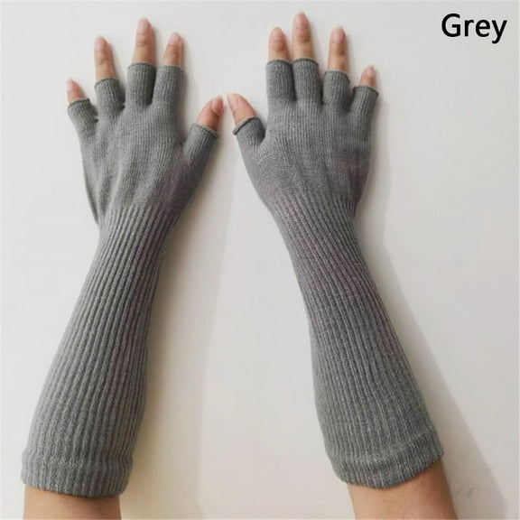 Unisex Warm Knitted Pure Black Work Gloves Half Finger Gloves Arm Warmers Elbow Long GREY