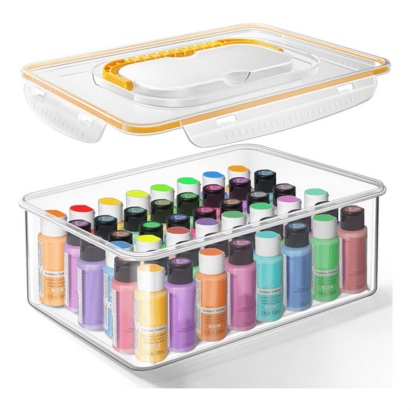 Acrylic Paint Storage Box for 2 Fl. Oz Paints, 48 Bottles Capacity, Brushes Craft Organizer with Handle