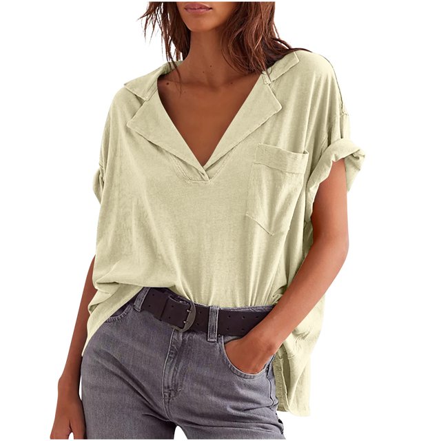 JIUIKE Oversized Tops for Women Short Sleeve T-Shirts Deep V Neck Solid Color Loose Fitting Tees