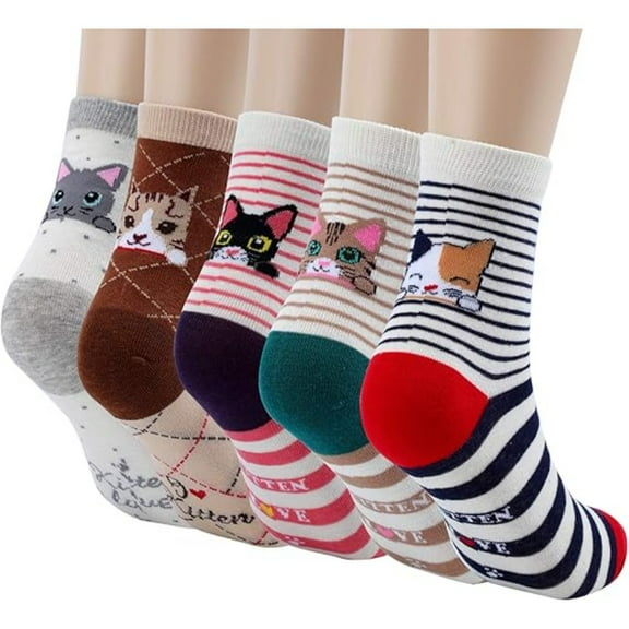 5-Pairs Funny Cat Face Socks Breathable Cotton Novelty Gift Socks for Women Cat Lovers
