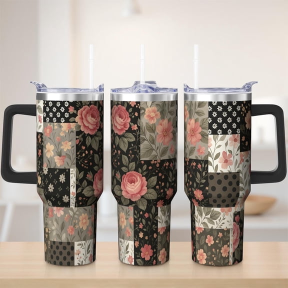 Cute bohemian flowers tumbler 40 oz tumbler with handle and straw 304 stainless steel travel cup coffee mug water bottle suitable as a gifts for women mom gifts gift for bohemian flowers lovers