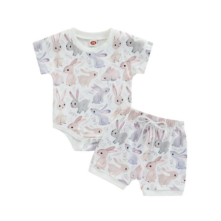 

Thaisu Baby Girls Summer Outfit Sets Cotton Short Sleeve Rabbit Print Romper + Drawstring Shorts 0-3Y