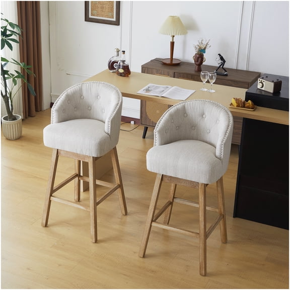 Natural Beige Fabric Counter Stools Set of 2, 33.25 Inch Swivel Bar Stools with Footrest and Wood Frame for Kitchen and Dining