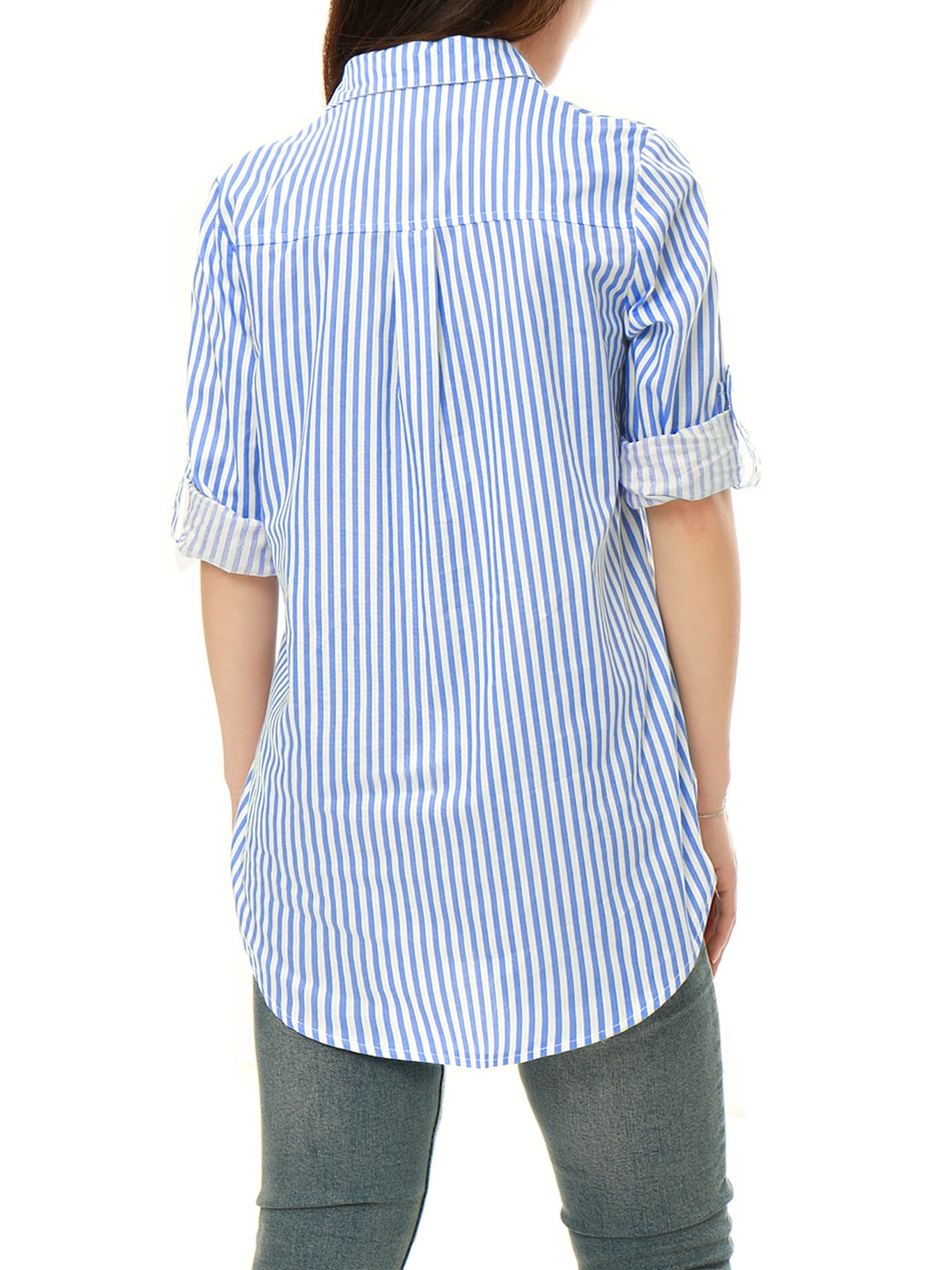 DARING DIVA Women's Button Down Long Sleeve Vertical Stripes Shirt L Light Blue