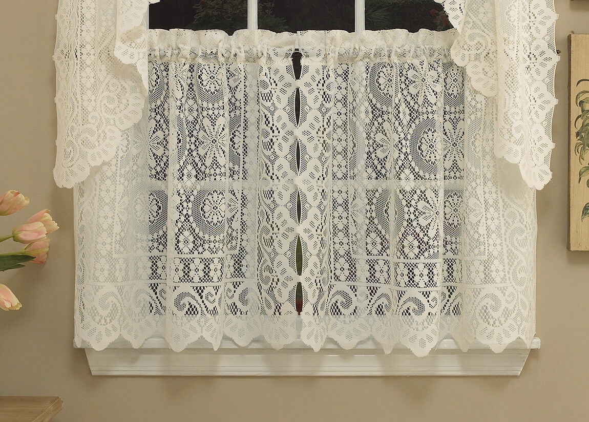 Heavy Cream Lace Kitchen Curtain Choice of Tier Valance or Swag