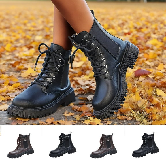 Lovzfmll Ankle Boots for Women, Chunky Military Boots Chunky Leather, Low Heel Lace Up Buckle Round Toe Fall Booties Motorcycle Black Boots