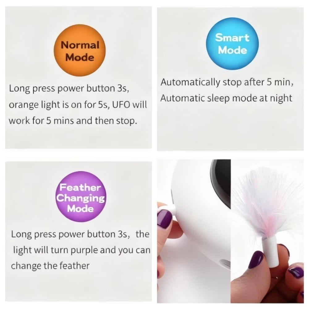 NORVESSA UFO Interactive Cat Toy, Automatic Moving Feather Teaser with 3 Speed Modes, USB Rechargeable Indoor Cat Exercise Toy