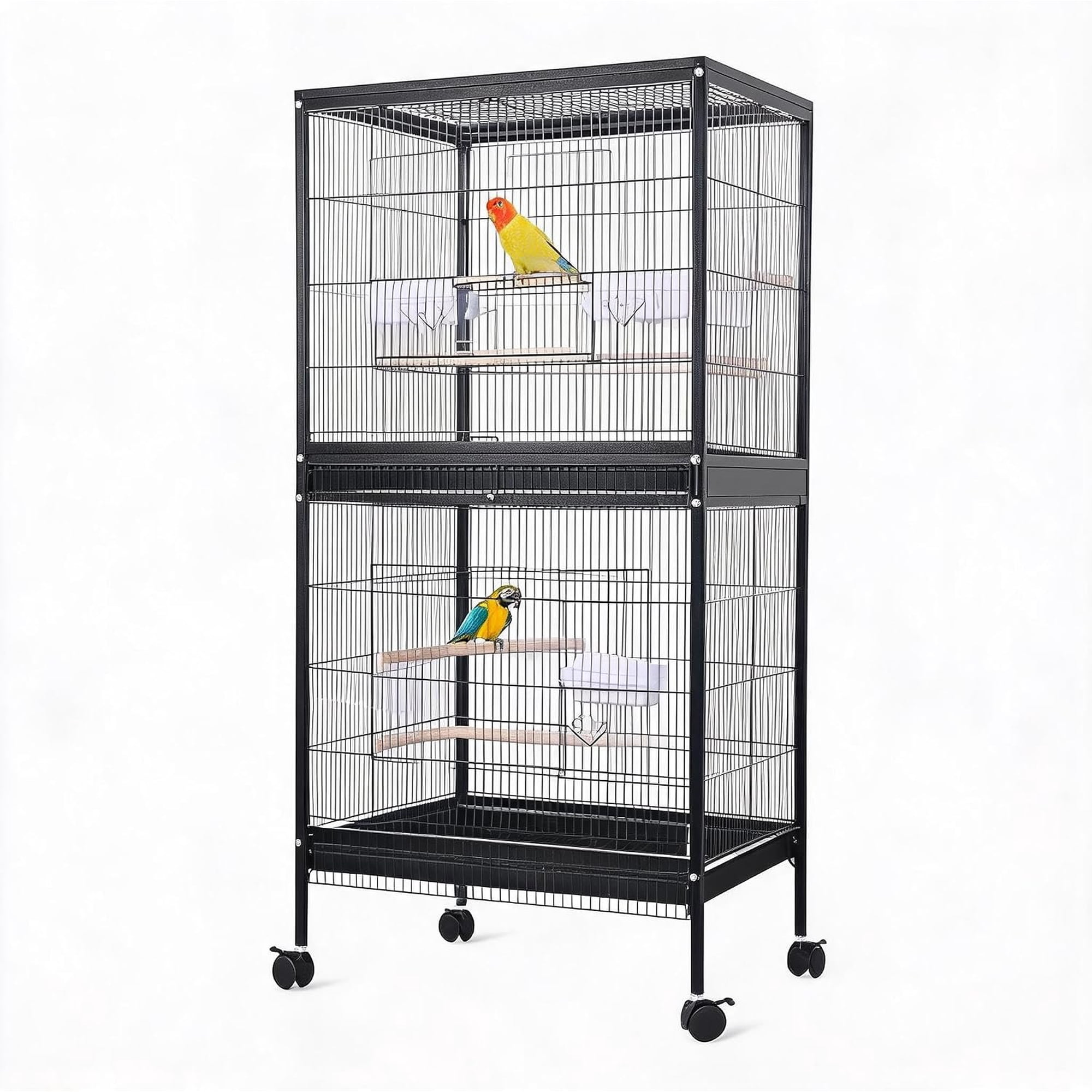 Double Decker Rolling Bird Cage for Small Medium Birds, Low Carbon Steel Tall 2-Tier Mobile Bird House with Lockable Wheels, Black Spacious Parakeet Cockatiel Cage