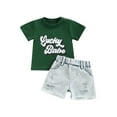 thumbnail image 2 of Toddler Baby St. Patrick's Day Clothes Girl Boy Green Letters Cotton T-Shirt Tops Denim Ripped Shorts Outfit 0-4T (White,12-18 Months), 2 of 6