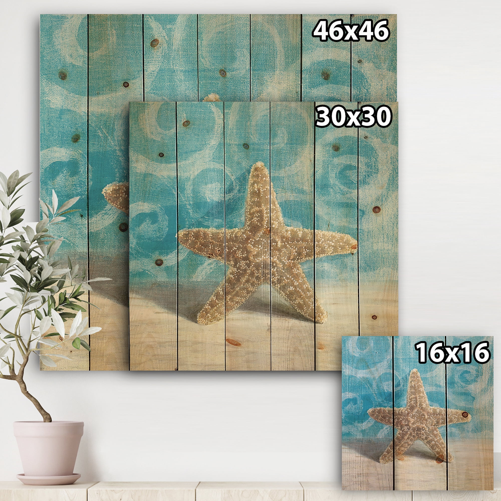Designart 'Composition from the Sea II' Nautical & Coastal Print on Natural Pine Wood