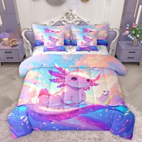 Homewish Kawaii Salamander Axolotl 7pcs Bedding Comforter Set,Magic Animal Queen Bedding Sets,Purple Pink Blue Queen Sheet Sets For Children,Breathable Home Decor Reversible