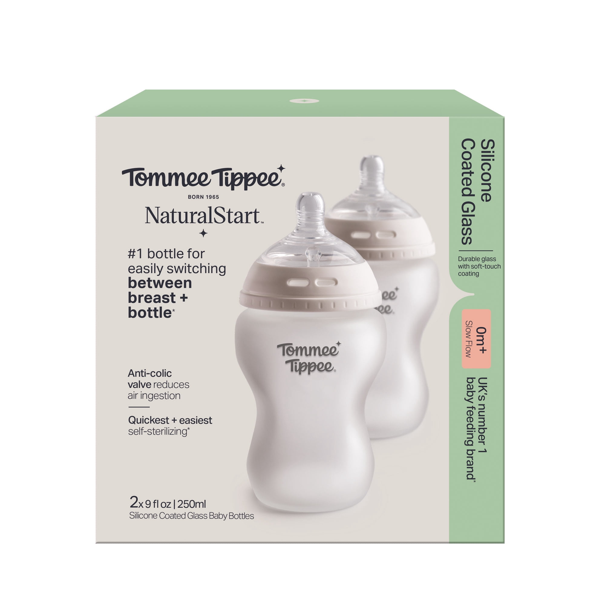 Tommee Tippee Natural Start Silicone Coated Glass Baby Bottles for Feeding from Newborn Up, 9oz, 2 pack